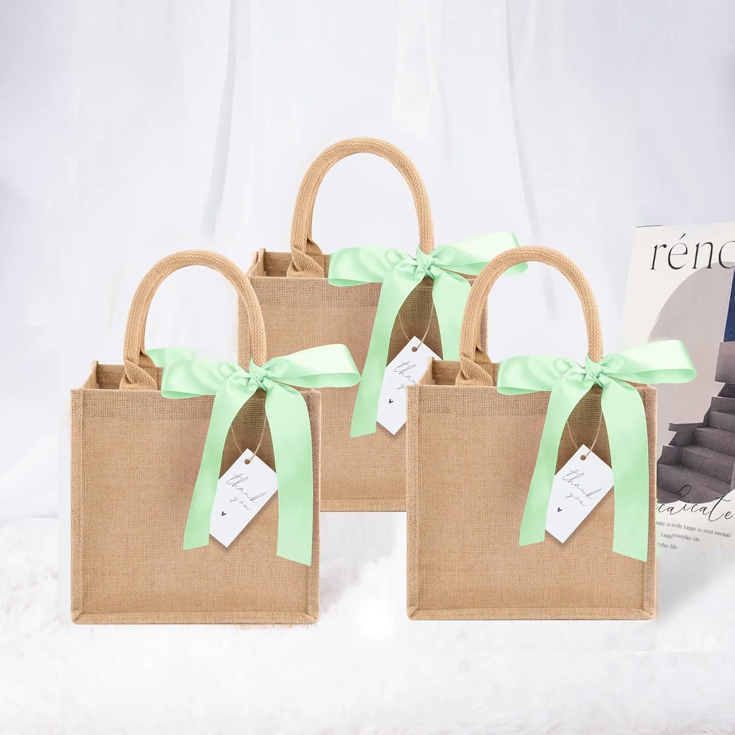 6 Pack Burlap Tote Bags with Handles Reusable Mini Jute Gift Bags with Light Green Silk Ribbons Waterproof Lining for Wedding Bridesmaid Mother's Day Bachelorette Beach Party
