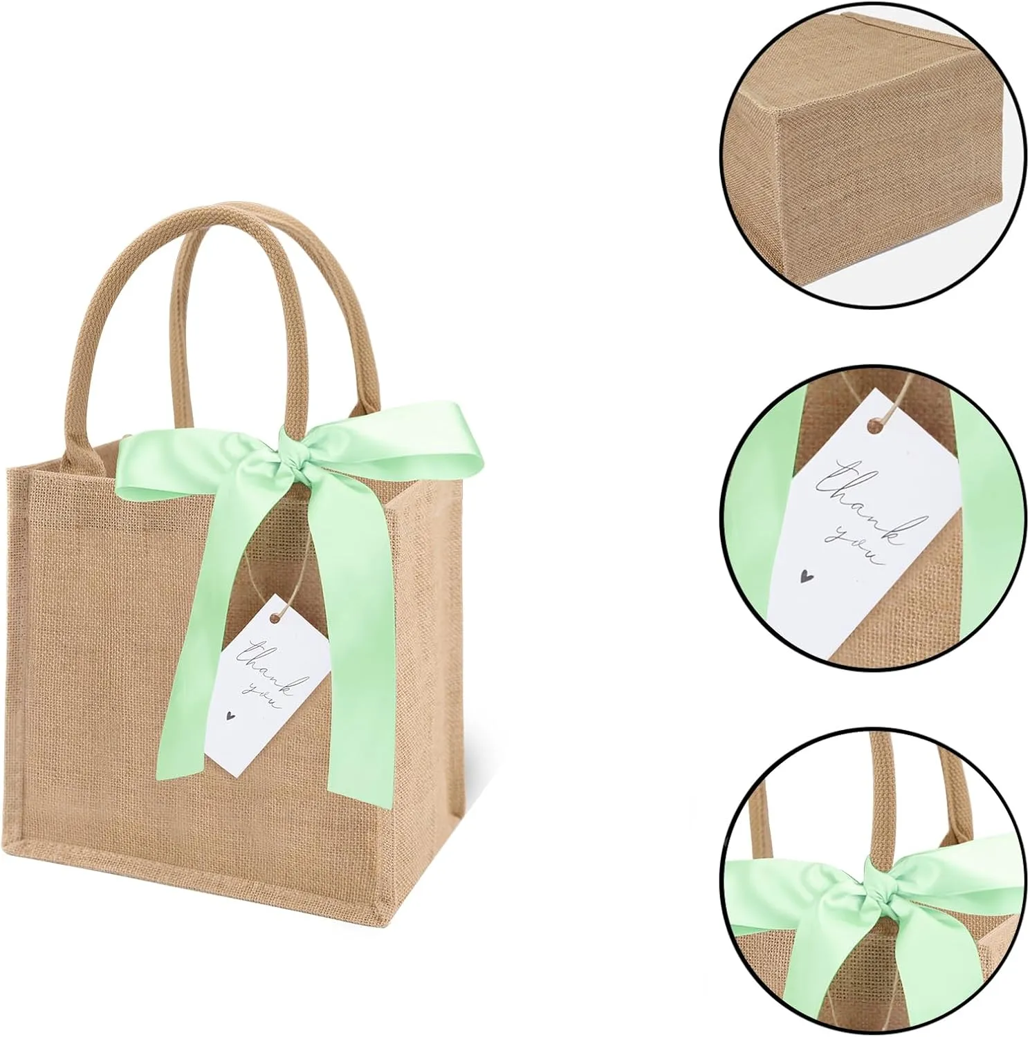 6 Pack Burlap Tote Bags with Handles Reusable Mini Jute Gift Bags with Light Green Silk Ribbons Waterproof Lining for Wedding Bridesmaid Mother's Day Bachelorette Beach Party