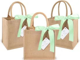 6 Pack Burlap Tote Bags with Handles Reusable Mini Jute Gift Bags with Light Green Silk Ribbons Waterproof Lining for Wedding Bridesmaid Mother's Day Bachelorette Beach Party