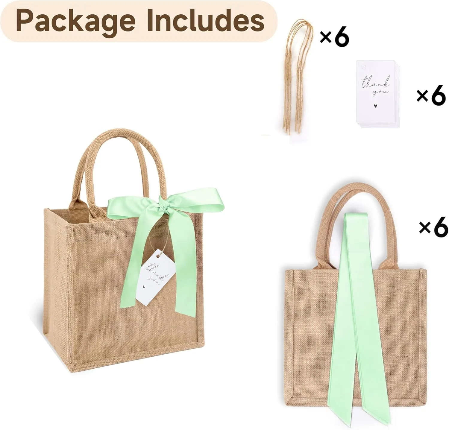 6 Pack Burlap Tote Bags with Handles Reusable Mini Jute Gift Bags with Light Green Silk Ribbons Waterproof Lining for Wedding Bridesmaid Mother's Day Bachelorette Beach Party