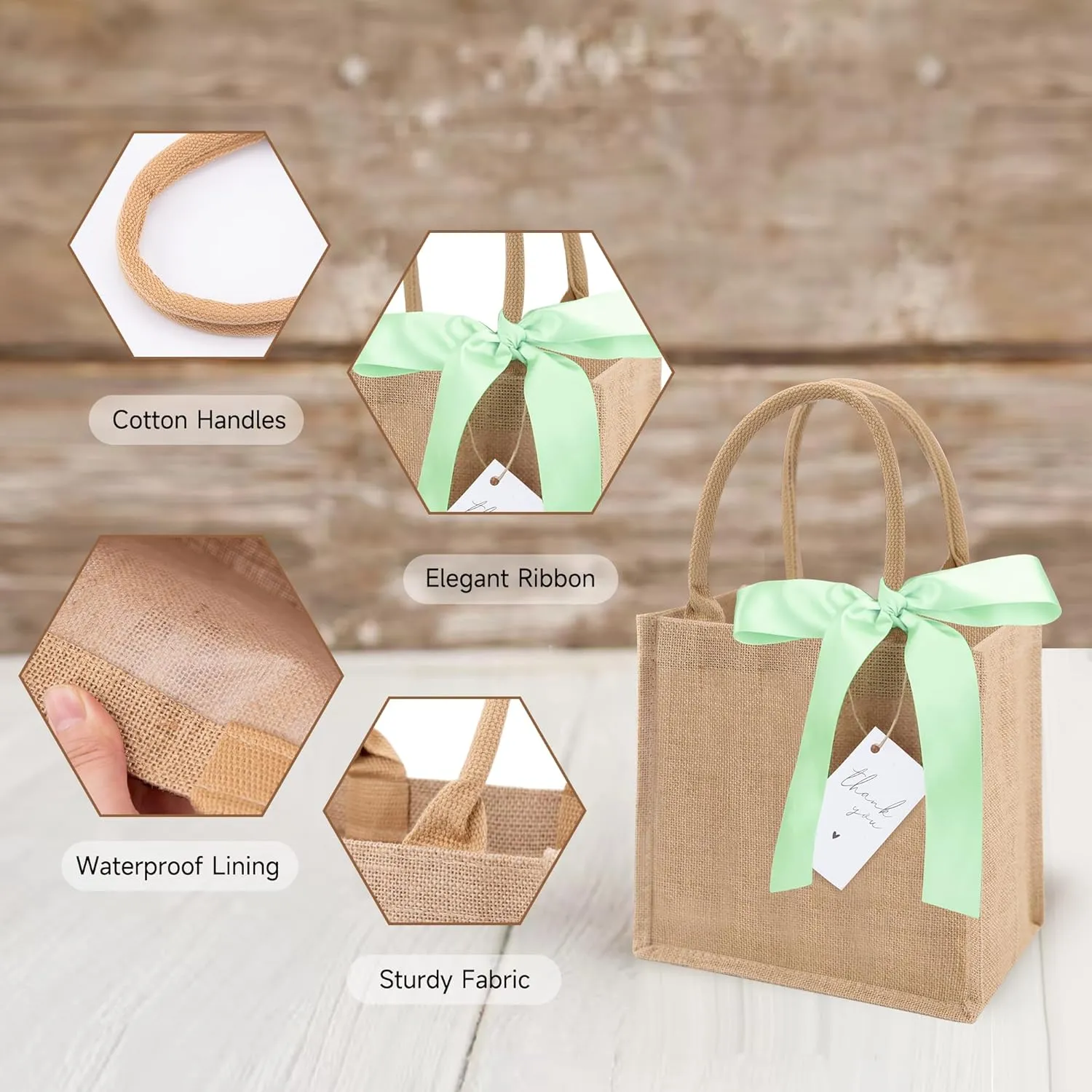 6 Pack Burlap Tote Bags with Handles Reusable Mini Jute Gift Bags with Light Green Silk Ribbons Waterproof Lining for Wedding Bridesmaid Mother's Day Bachelorette Beach Party