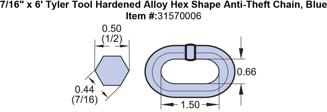 7/16" Tyler Tool Hardened Alloy Hex Shape Anti-Theft Chain, Blue