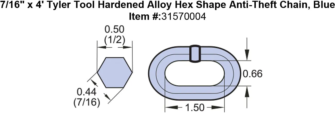 7/16" Tyler Tool Hardened Alloy Hex Shape Anti-Theft Chain, Blue