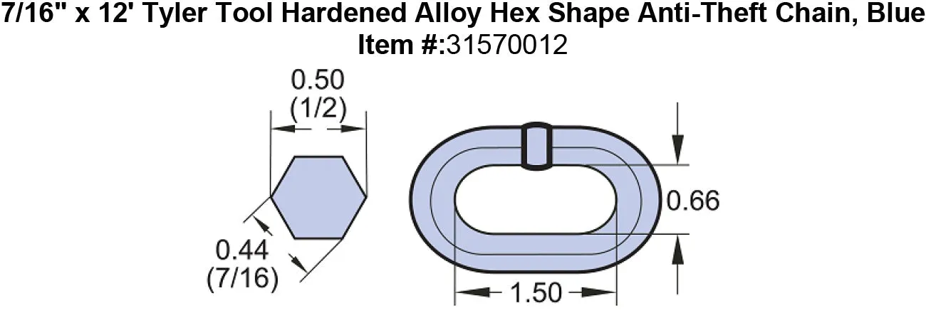 7/16" Tyler Tool Hardened Alloy Hex Shape Anti-Theft Chain, Blue