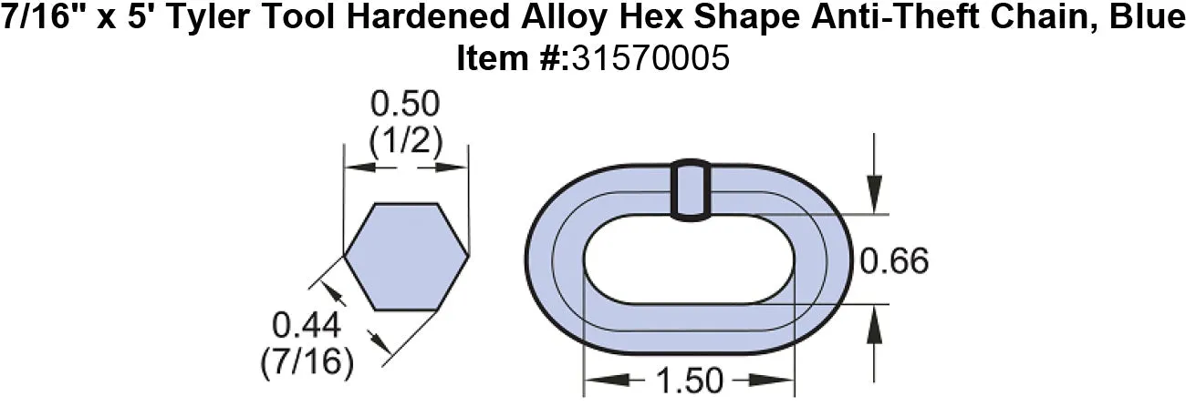 7/16" Tyler Tool Hardened Alloy Hex Shape Anti-Theft Chain, Blue