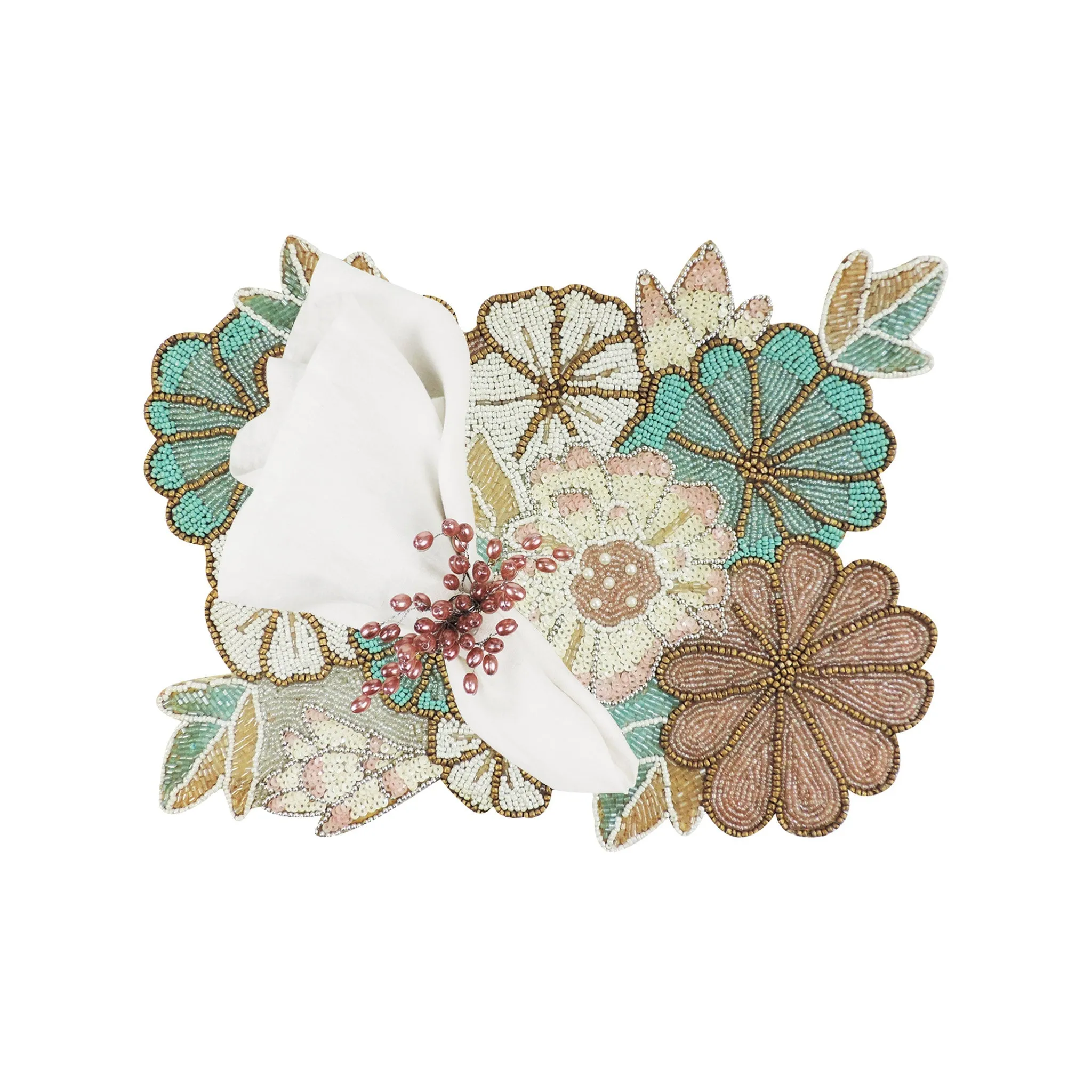 Autumn Blooms Beaded Placemat in Teal & Grey, Set of 2