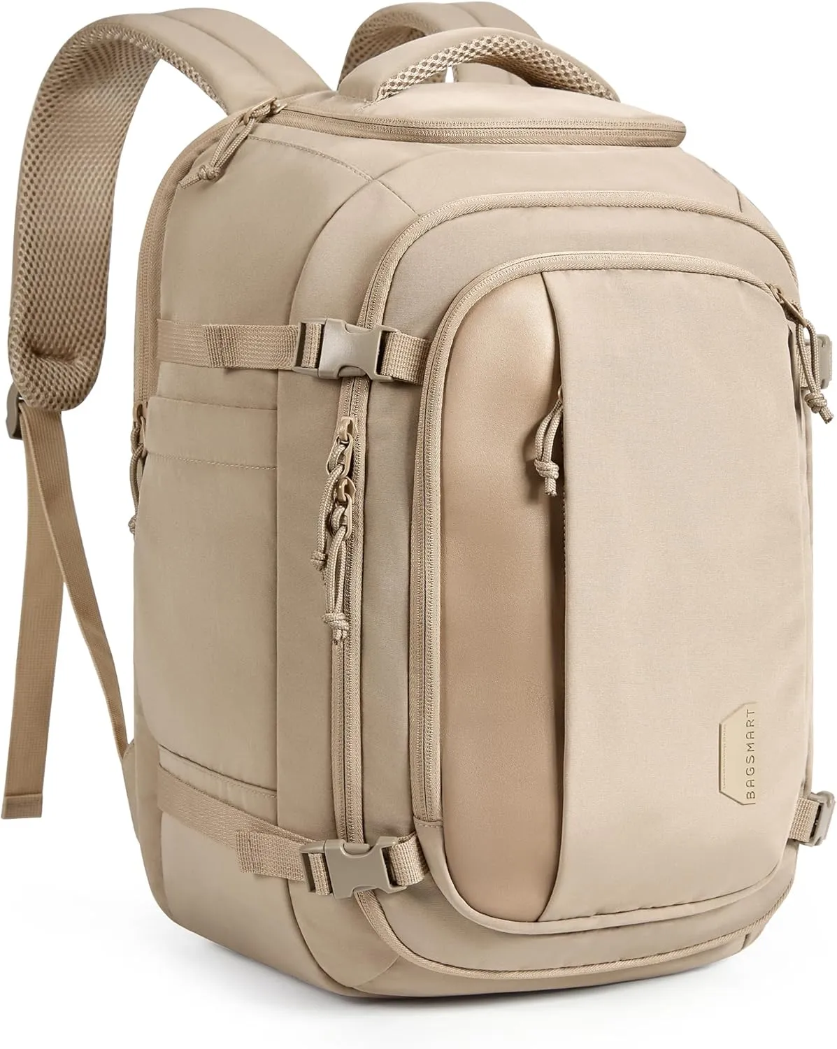 BAGSMART Travel Backpack Carry on Flight Approved, 30L Lightweight Backpack Fits 17.3 Inch Laptop for Men Women, Water Resistant Personal Item Travel Bag with USB Charging Port, Camel