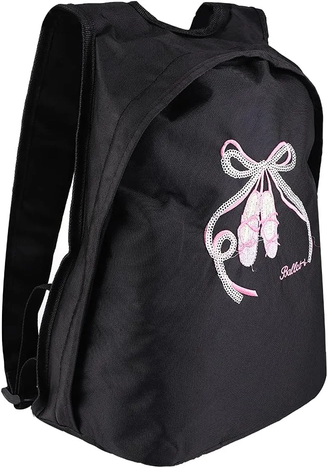 Ballet Backpack Girls Lightweight Embroidered Sturdy Oxford Cloth Dance Bag Pink (Black sequin dance shoes)