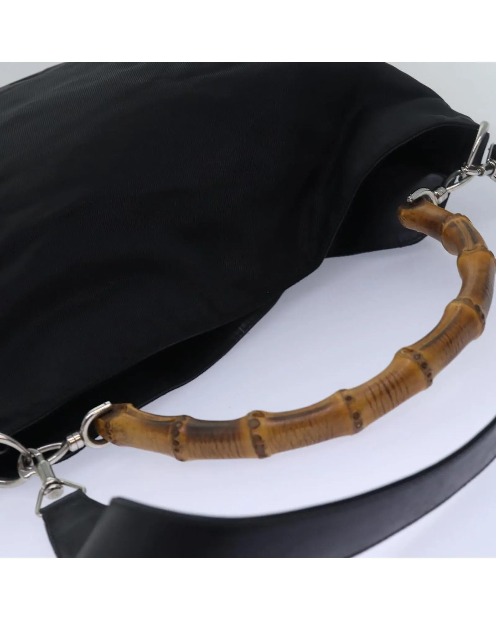 Bamboo Handle Nylon Handbag with Shoulder Strap