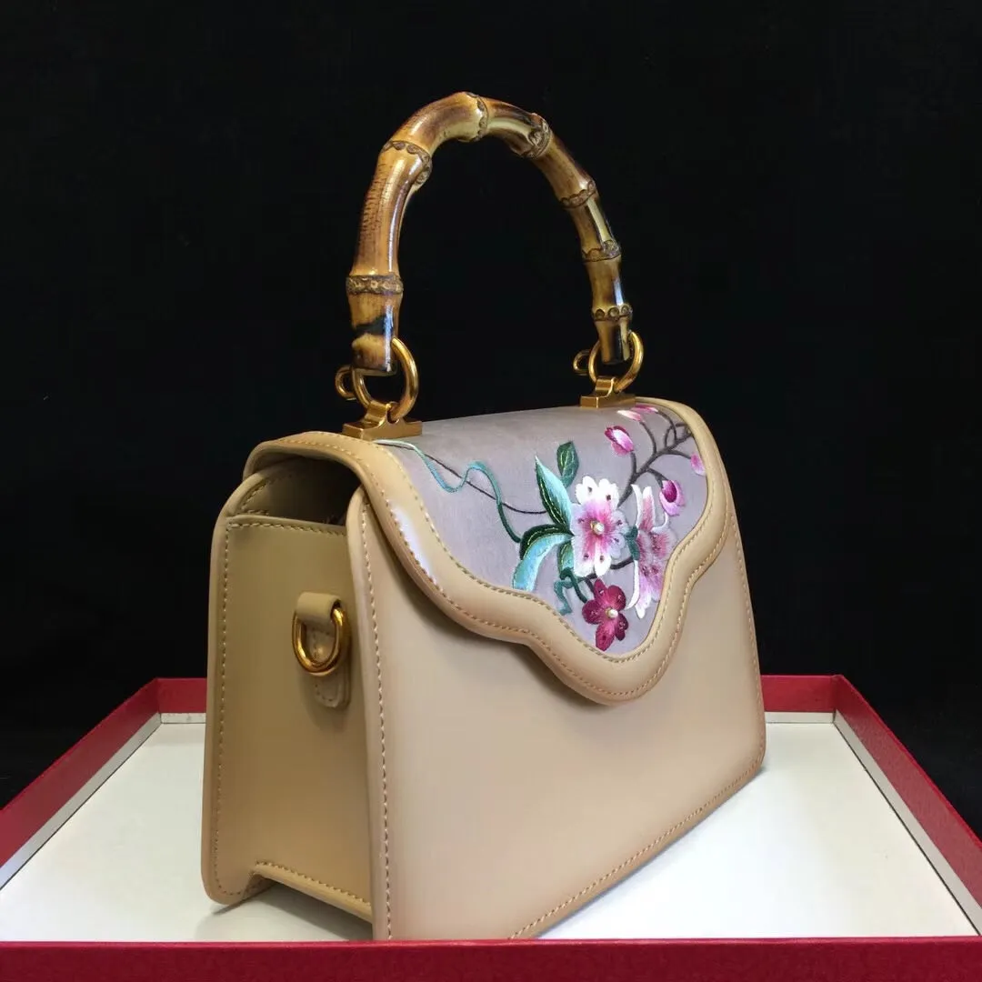 Bamboo retro hand su embroidery cowhide bag shoulder bag handbag