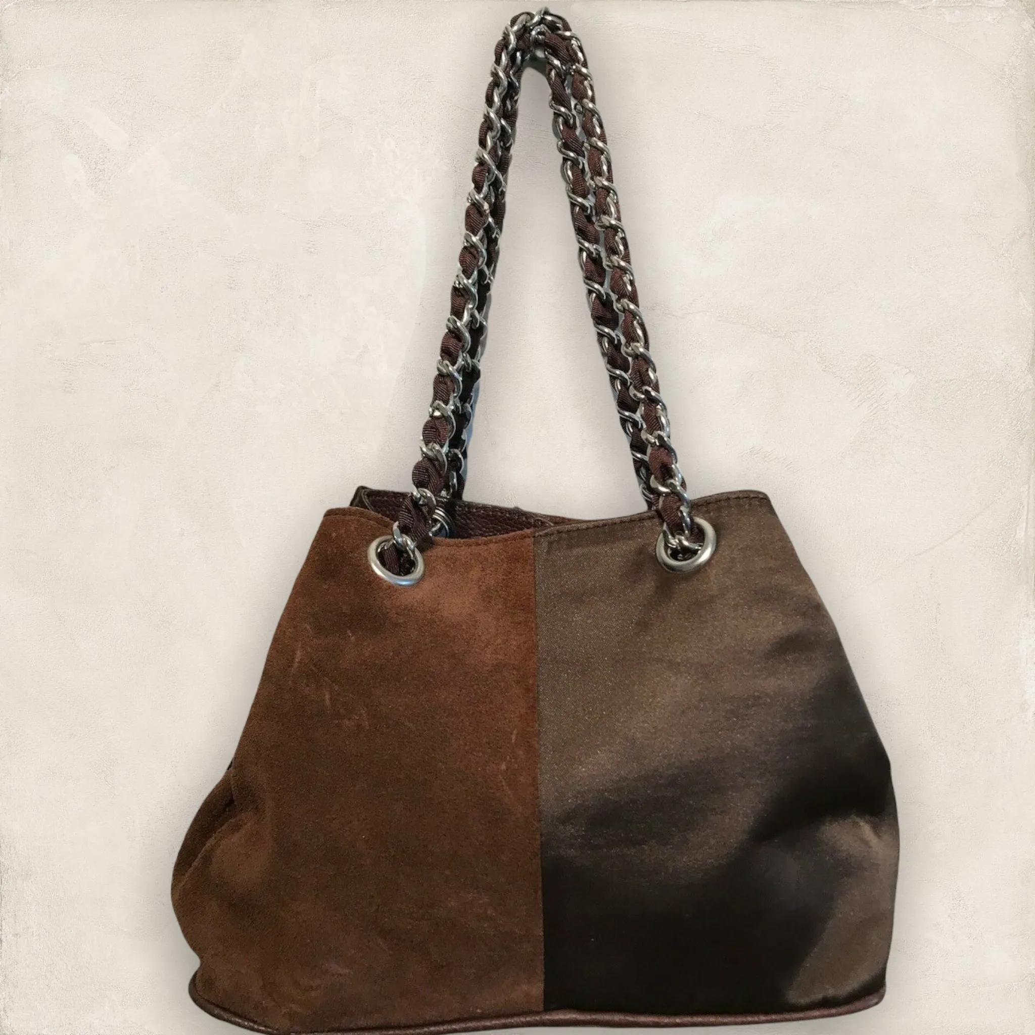 Beverly Feldman for Russell & Bromley Vintage Brown Suede & Satin Handbag