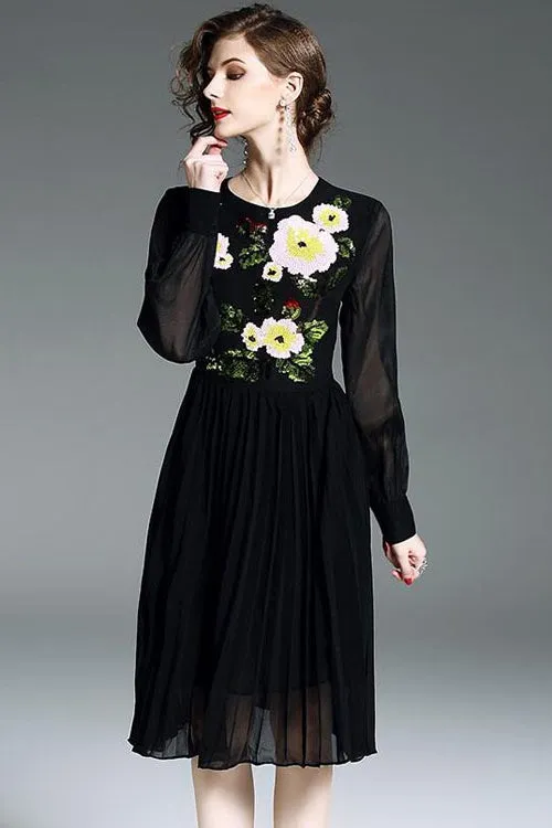 Black Beaded and Embroidered Chiffon Dress
