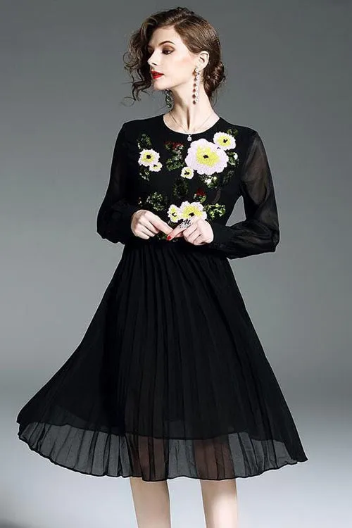 Black Beaded and Embroidered Chiffon Dress