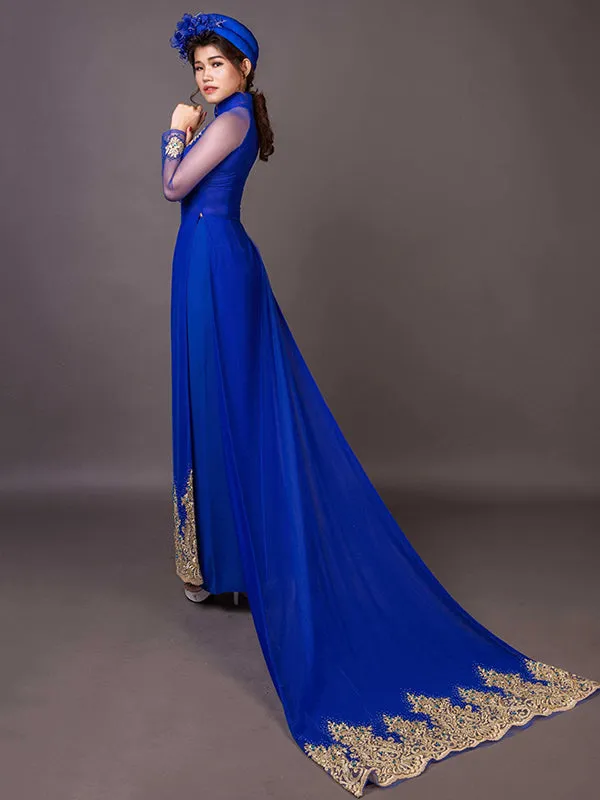 Blue Wedding Ao Dai Embroidered And Hand Beaded Fabric