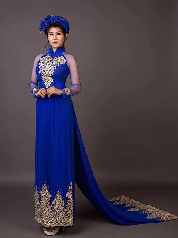 Blue Wedding Ao Dai Embroidered And Hand Beaded Fabric