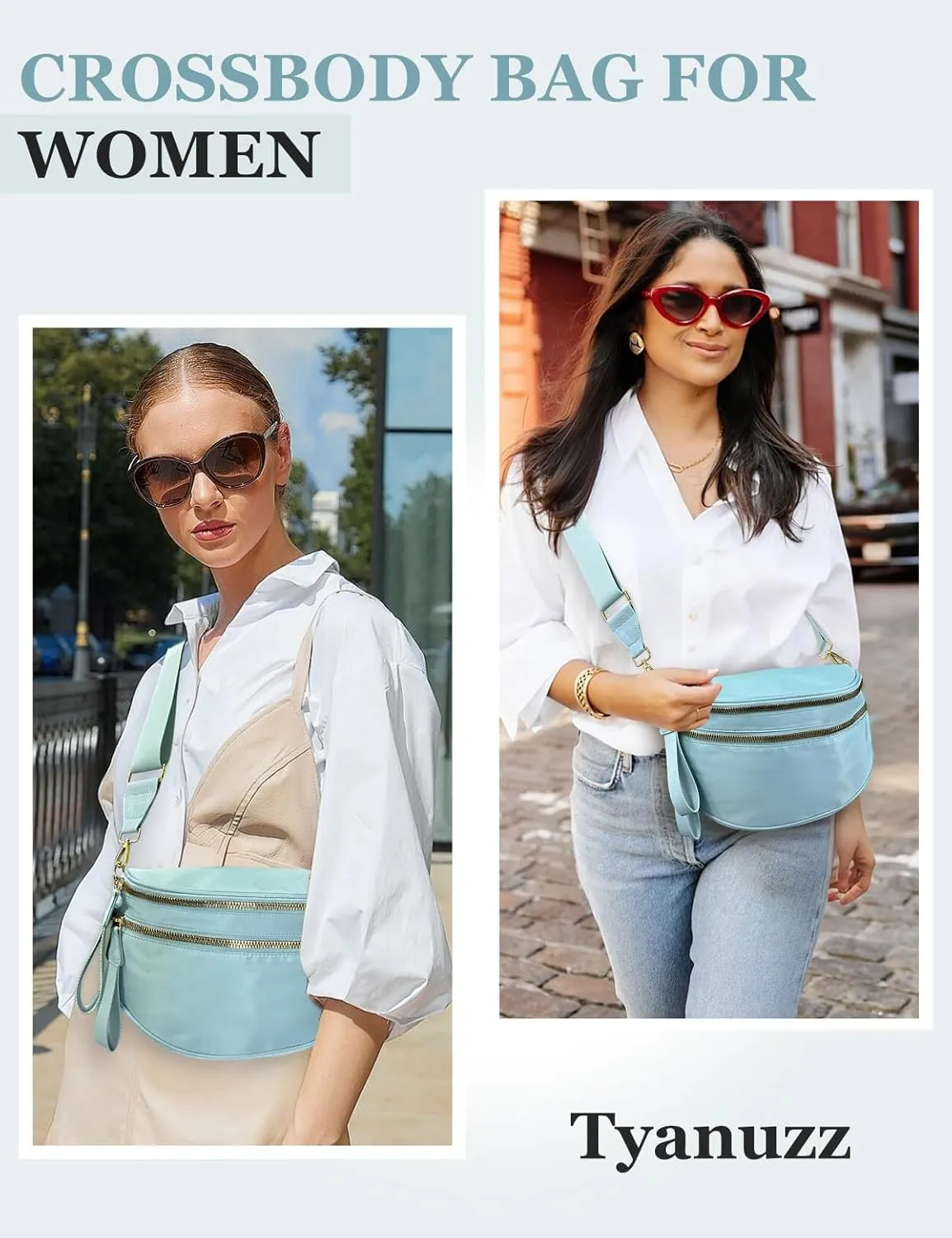 Bum Bags for Women Nylon Crossbody Bag, Spacious Fanny Packs Belt Bag Large Sling Bag with Adjustable Strap (Blue)
