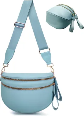 Bum Bags for Women Nylon Crossbody Bag, Spacious Fanny Packs Belt Bag Large Sling Bag with Adjustable Strap (Blue)