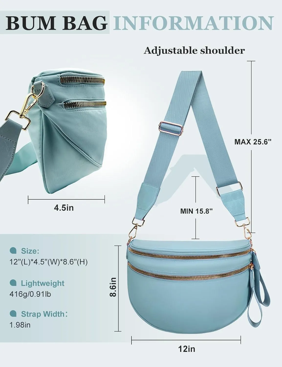 Bum Bags for Women Nylon Crossbody Bag, Spacious Fanny Packs Belt Bag Large Sling Bag with Adjustable Strap (Blue)