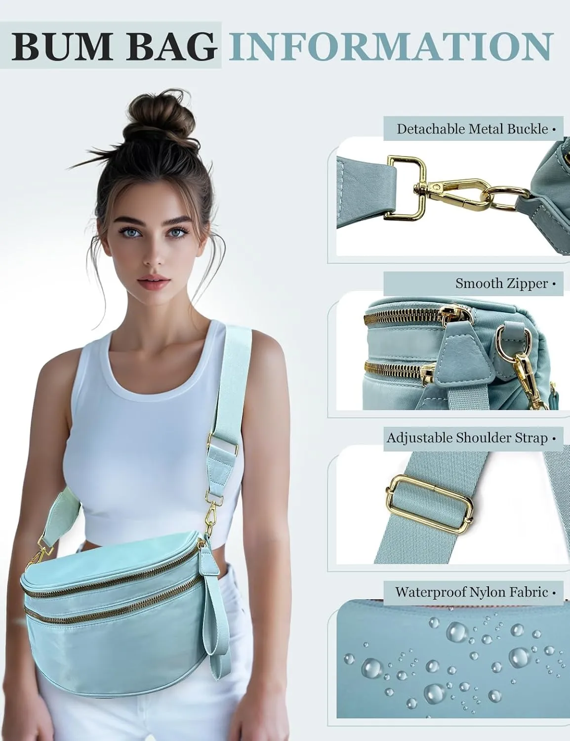 Bum Bags for Women Nylon Crossbody Bag, Spacious Fanny Packs Belt Bag Large Sling Bag with Adjustable Strap (Blue)