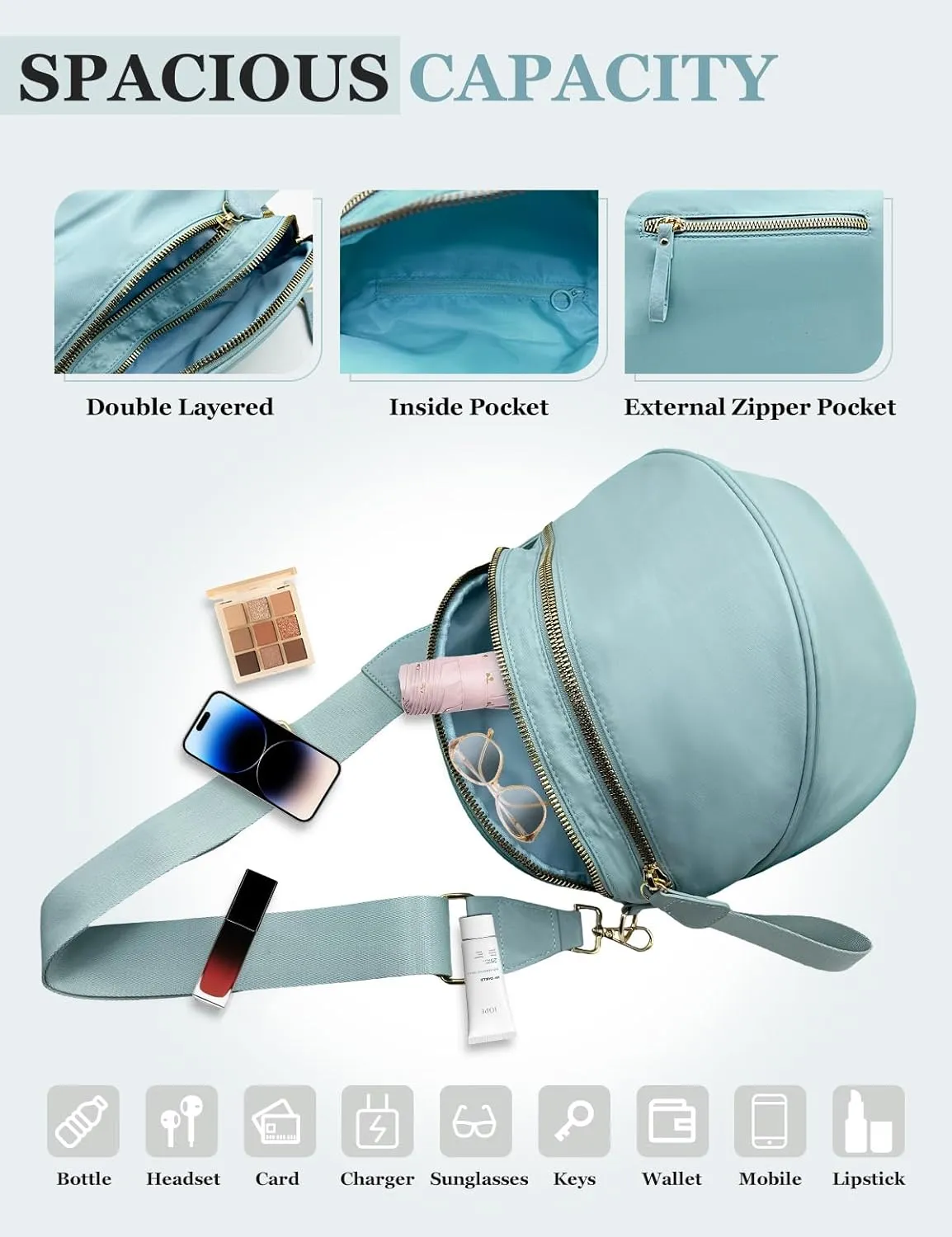 Bum Bags for Women Nylon Crossbody Bag, Spacious Fanny Packs Belt Bag Large Sling Bag with Adjustable Strap (Blue)