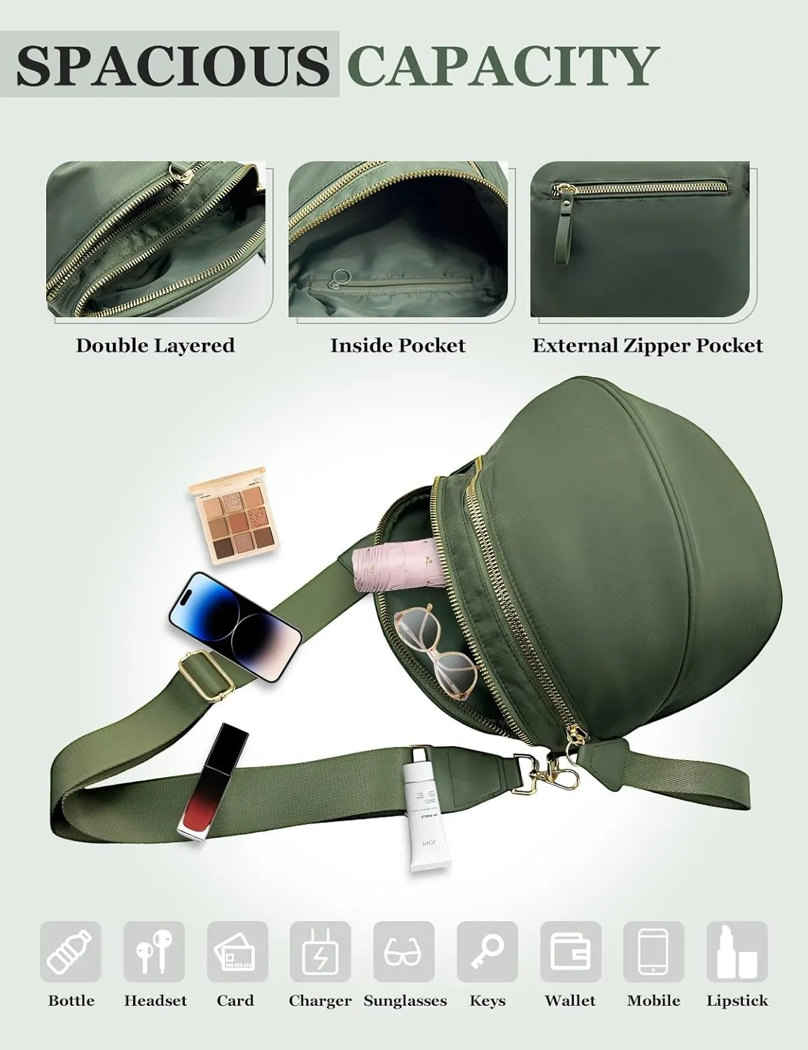 Bum Bags for Women Nylon Crossbody Bag, Spacious Fanny Packs Belt Bag Large Sling Bag with Adjustable Strap