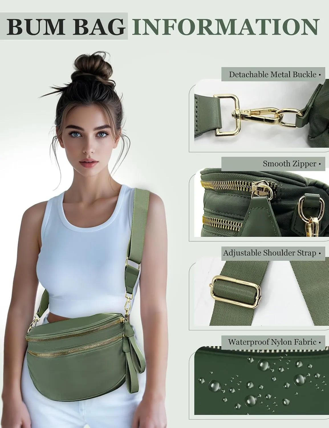 Bum Bags for Women Nylon Crossbody Bag, Spacious Fanny Packs Belt Bag Large Sling Bag with Adjustable Strap