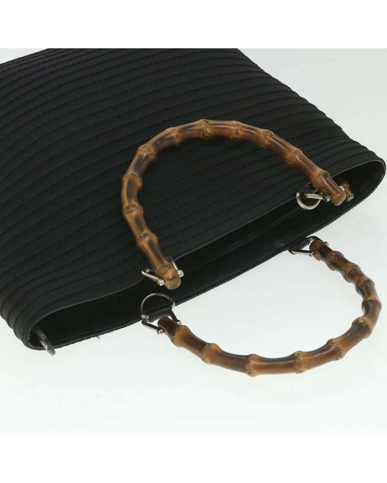 Canvas Black Hand Bag with Bamboo Handle