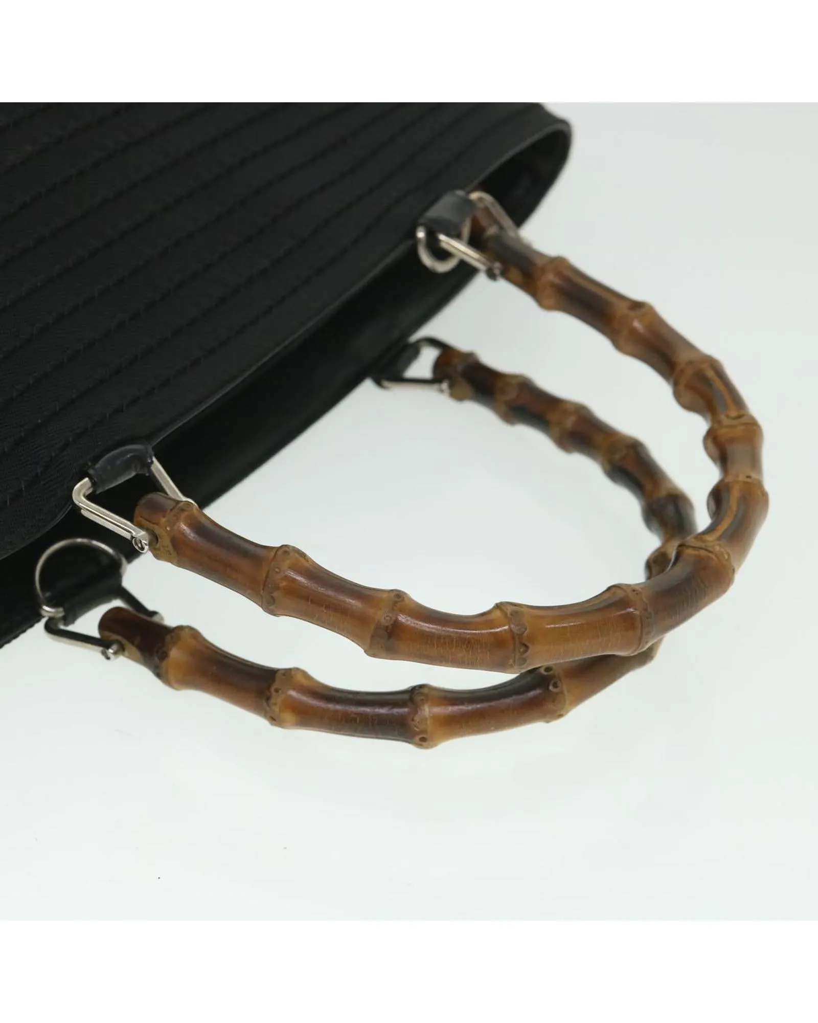 Canvas Black Hand Bag with Bamboo Handle