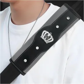 Car Seat Belt Cover, Leather Safety Belt Shoulder Strap Covers with Sparkling Diamond Crown, Soft Seat Belt Decorative Cover Mats for Cars Trucks SUVs, Car Accessories (Gray)