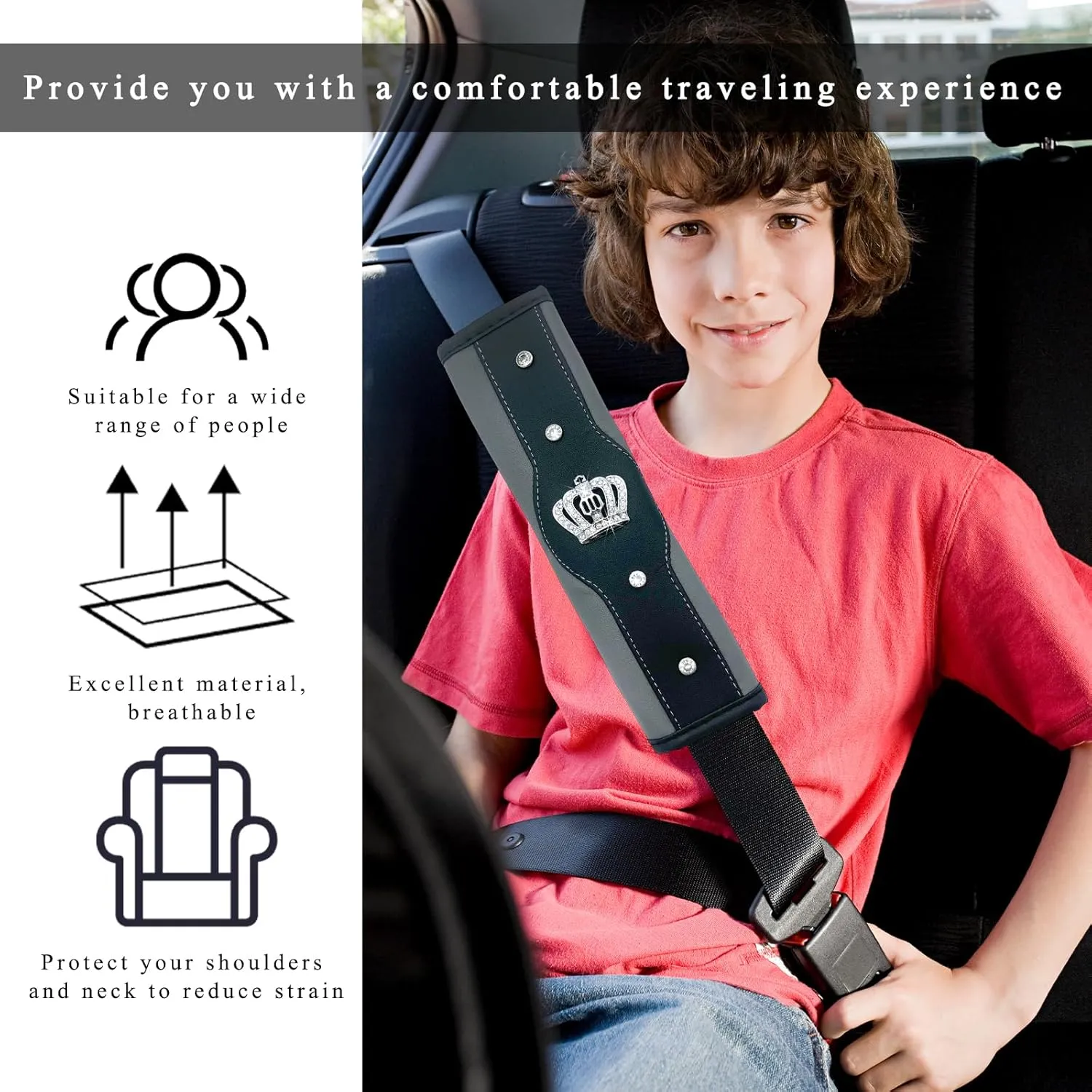 Car Seat Belt Cover, Leather Safety Belt Shoulder Strap Covers with Sparkling Diamond Crown, Soft Seat Belt Decorative Cover Mats for Cars Trucks SUVs, Car Accessories (Gray)