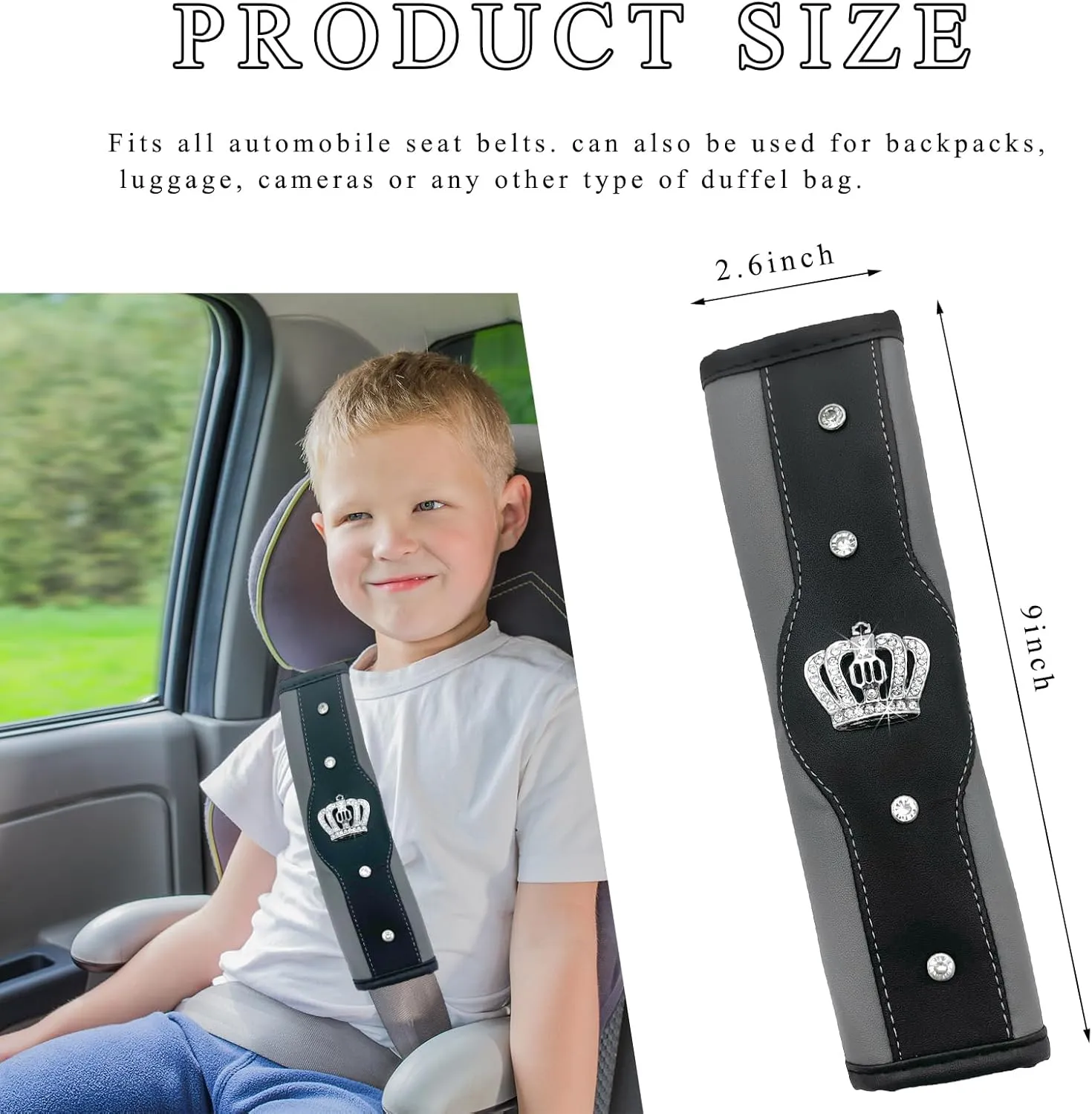 Car Seat Belt Cover, Leather Safety Belt Shoulder Strap Covers with Sparkling Diamond Crown, Soft Seat Belt Decorative Cover Mats for Cars Trucks SUVs, Car Accessories (Gray)