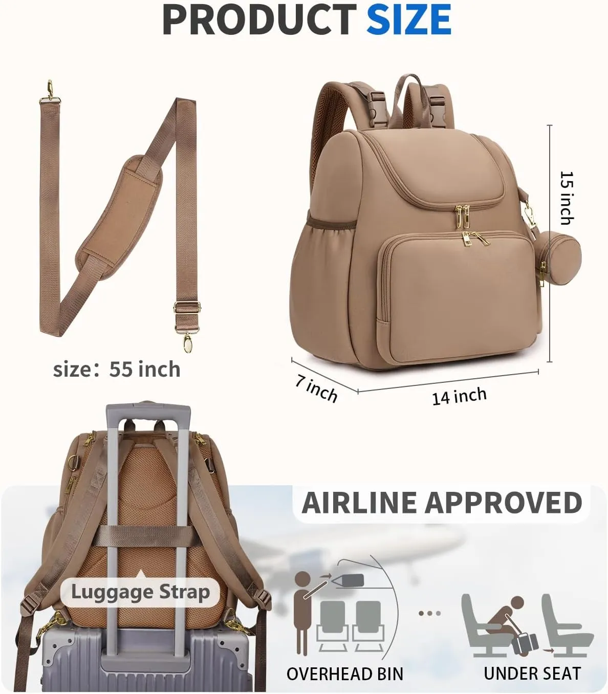 CEI-CEI Diaper Bag Small Diaper Backpack Neoprene Waterproof Baby Bags for Mom and Dad with Changing Pad Stowable Shoulder Strap Travel with Pacifier Case and Insulated Pockets (Oat)