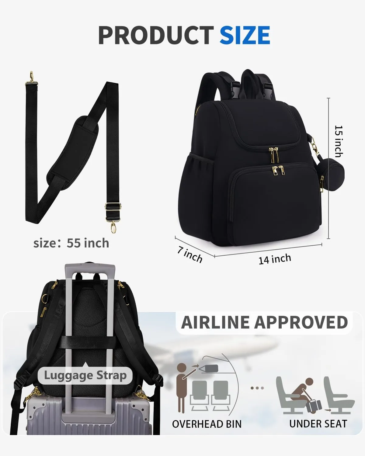 CEI-CEI Diaper Bag Small Diaper Backpack Neoprene Waterproof Baby Bags for Mom and Dad with Changing Pad Stowable Shoulder Strap Travel with Pacifier Case and Insulated Pockets(Black)