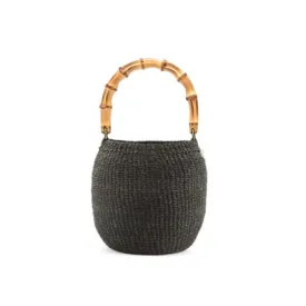 Clare V. Black Woven Pot de Miel with Bamboo Handle