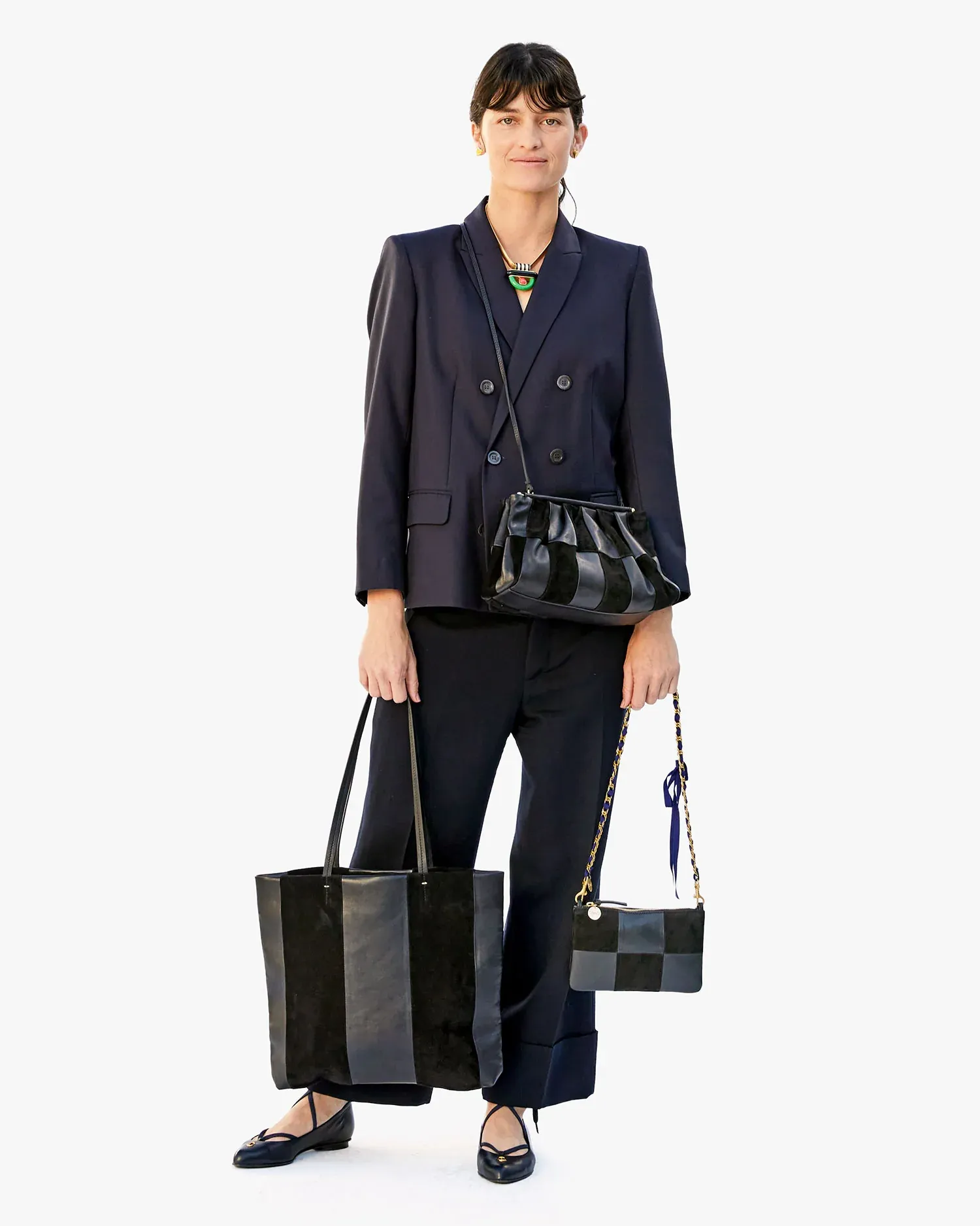 Clare V - Wallet Clutch w/ Tabs in Black Suede & Nappa Patchwork