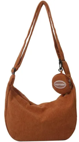 Corduroy Crossbody Tote Bag for Women Men, Trendy Crescent Bag with Small Round Pocket Pendant,Sling Shoulder Hobo Bag (Light Brown)