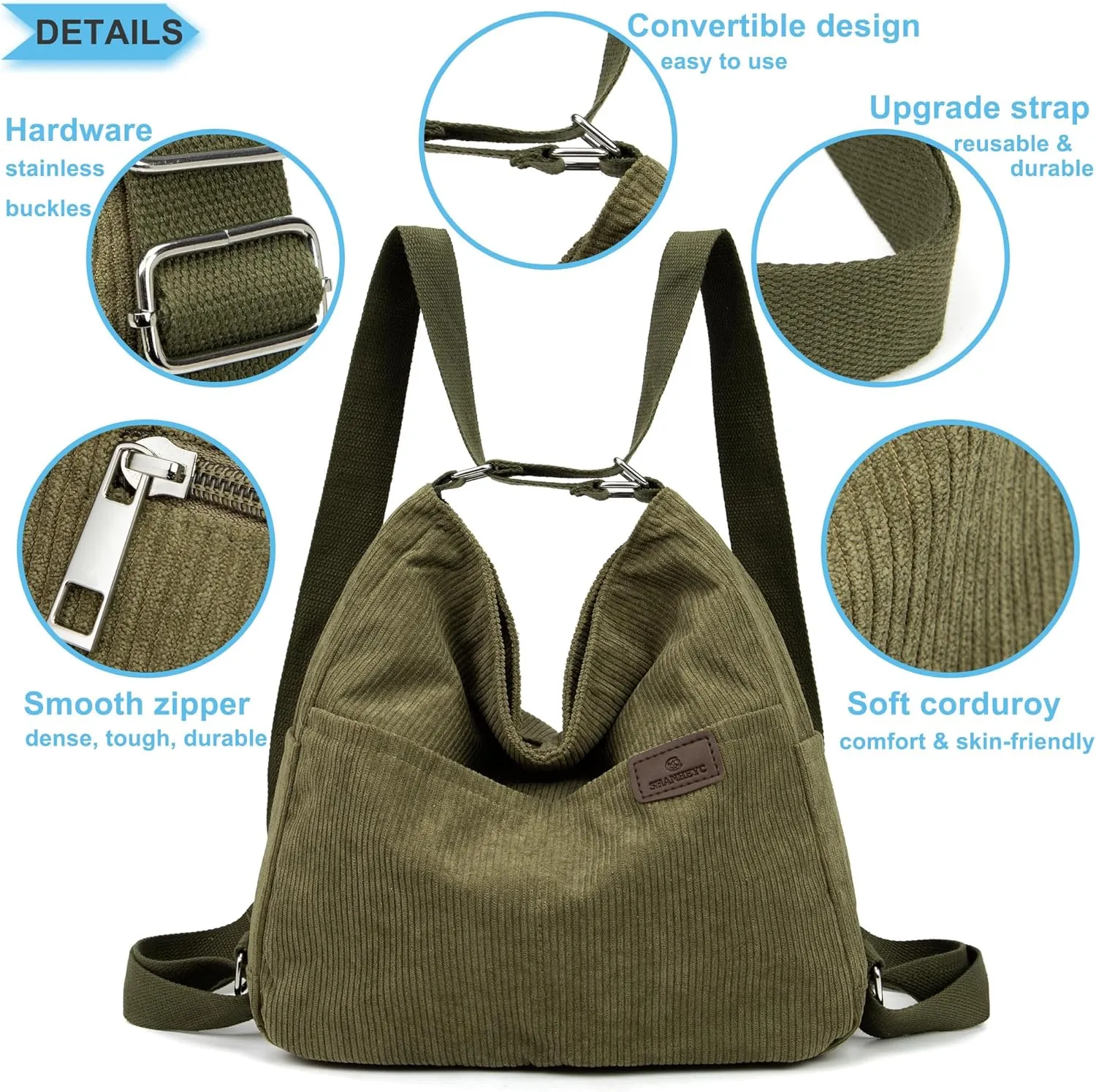 Corduroy Tote Backpack Crossbody Bag for Women, Convertible Shoulder Bags Designer Handbag for College, Work