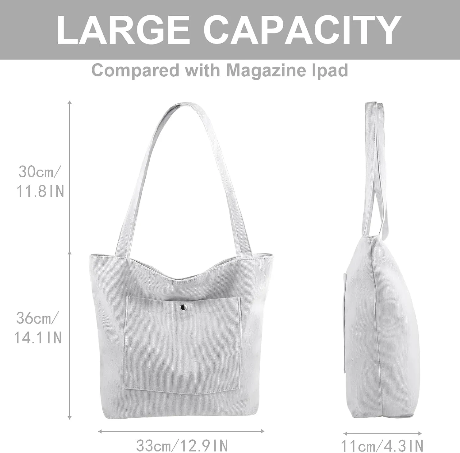 Corduroy Tote Bag for Women, Large Capacity, Adjustable Shoulder Strap, Main Zippered Pocket