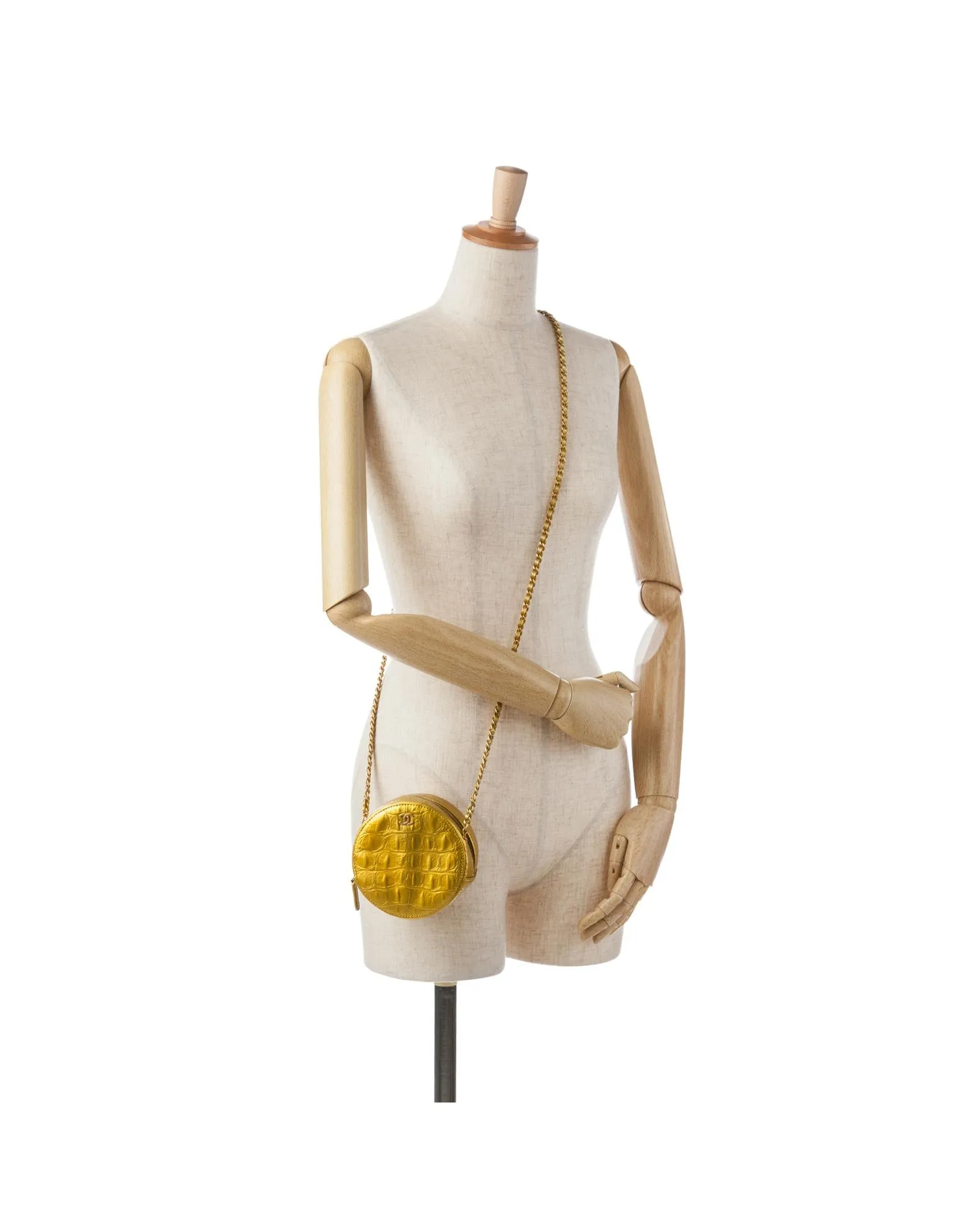 Croc-Embossed Round Crossbody Bag with Woven Chain Strap