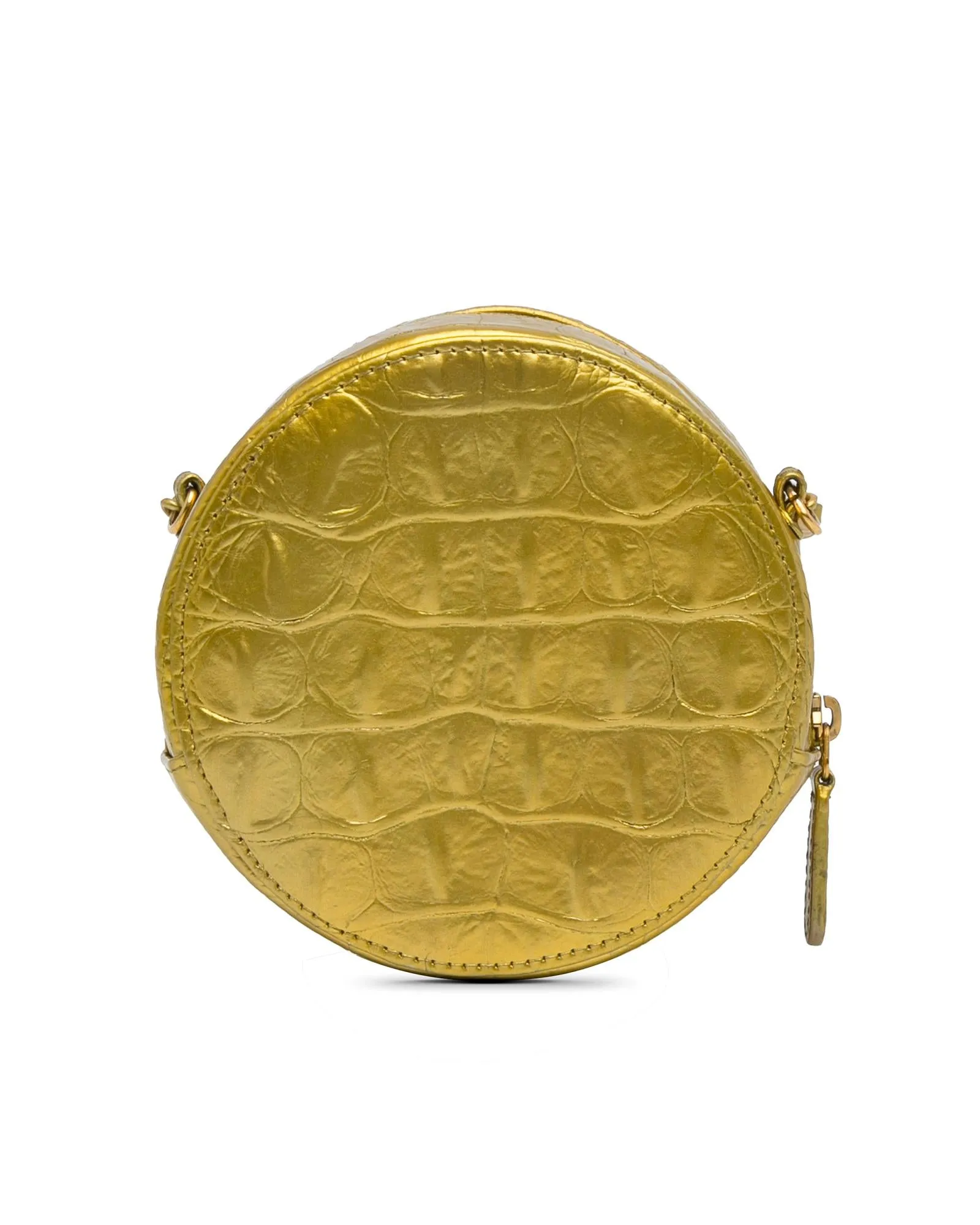 Croc-Embossed Round Crossbody Bag with Woven Chain Strap