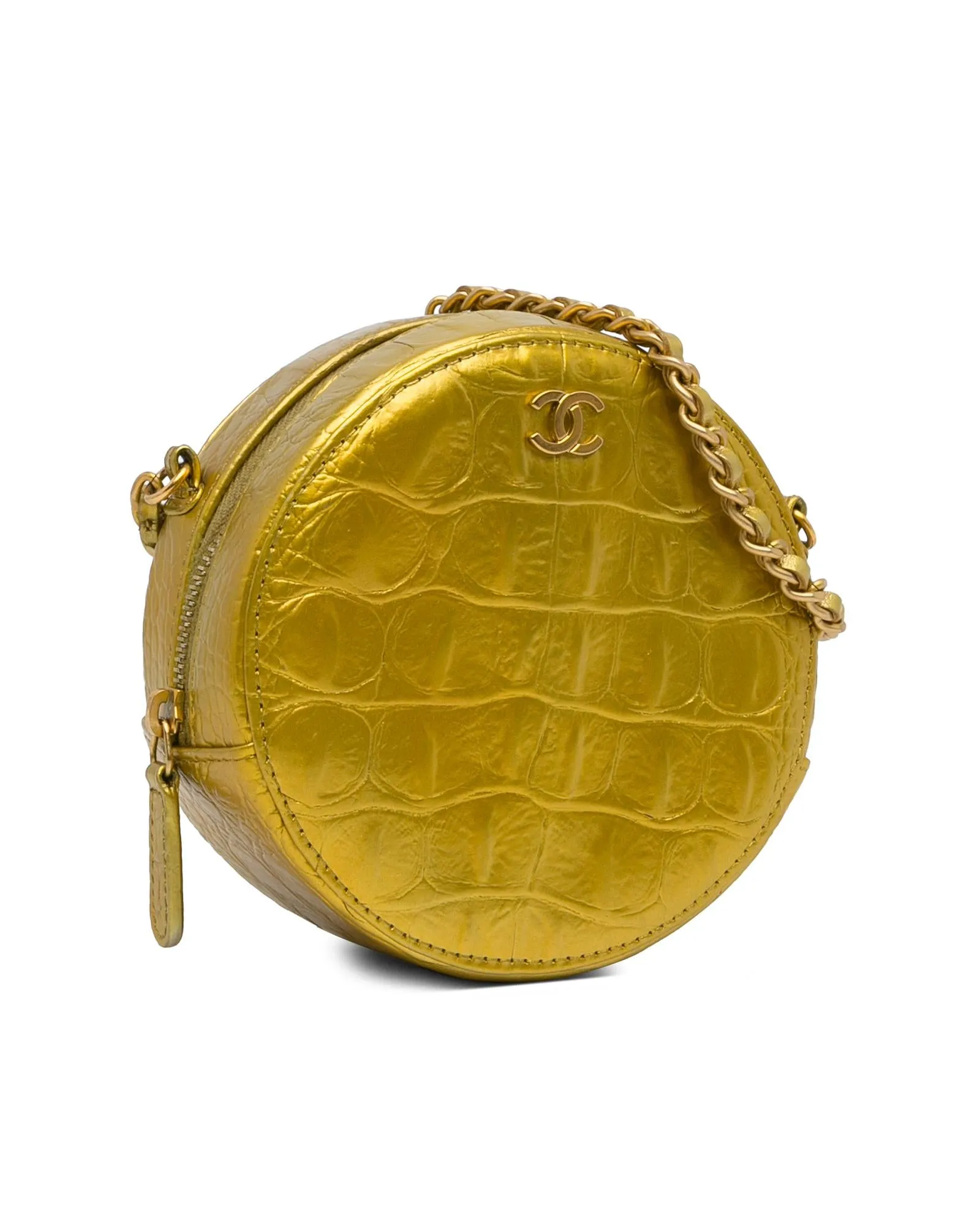 Croc-Embossed Round Crossbody Bag with Woven Chain Strap