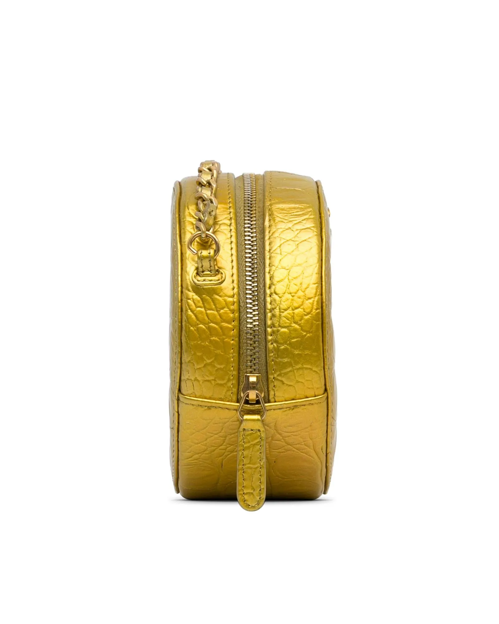 Croc-Embossed Round Crossbody Bag with Woven Chain Strap