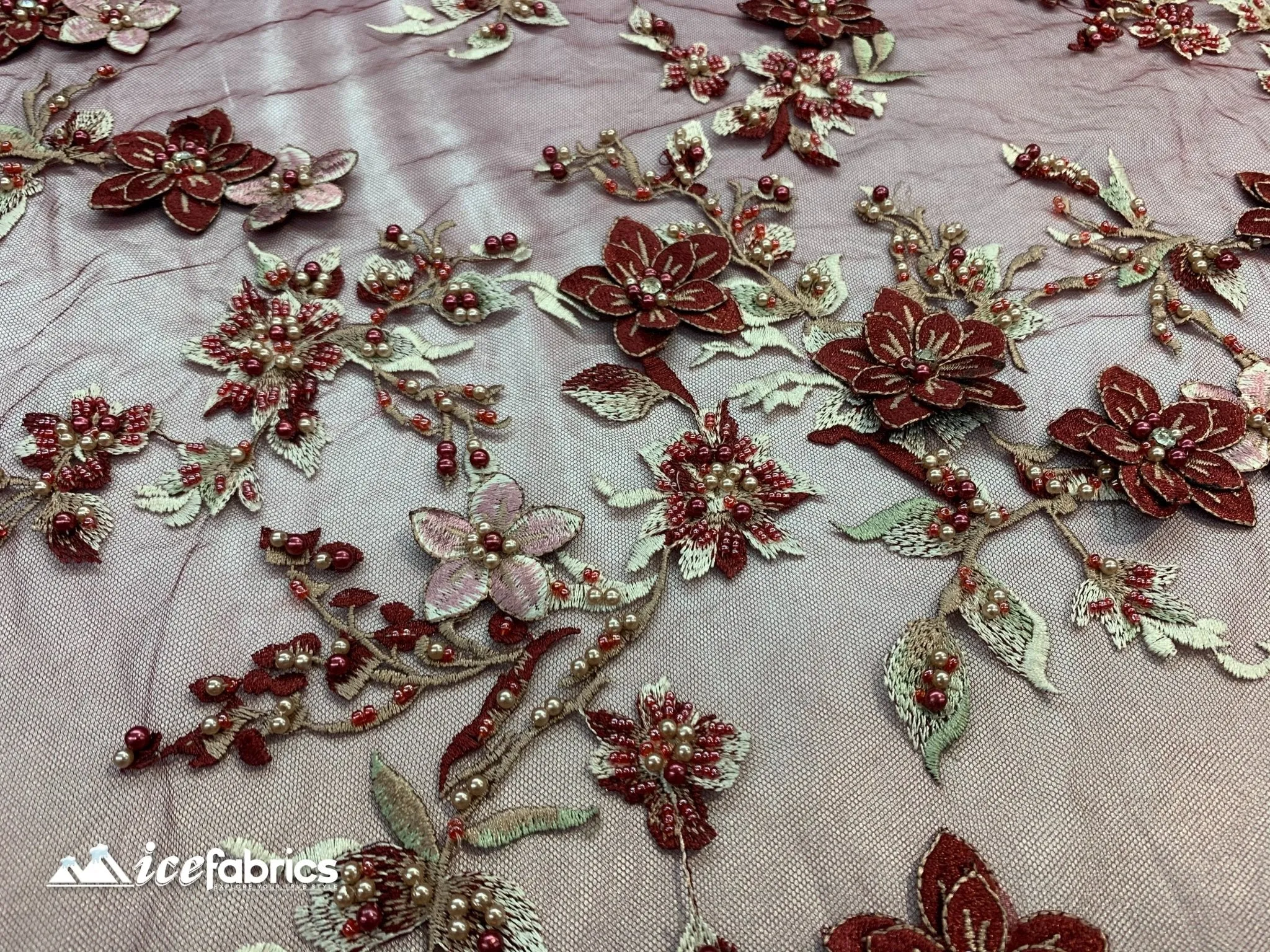 Embroidered Fabric/ 3D Flowers Beaded Fabric/ Lace Fabric/ Burgundy