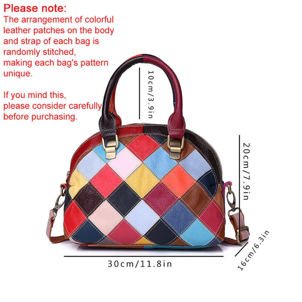 Genuine Leather Colorful Patchwork Handbag – Unique & Stylish Shell Bag
