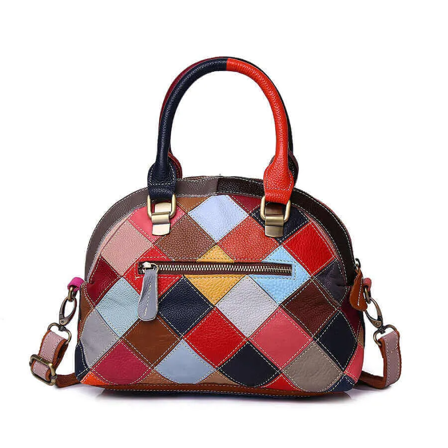 Genuine Leather Colorful Patchwork Handbag – Unique & Stylish Shell Bag
