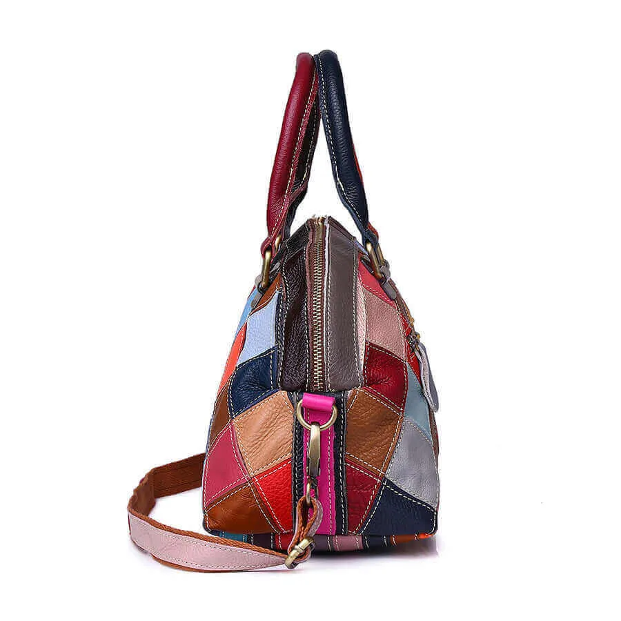 Genuine Leather Colorful Patchwork Handbag – Unique & Stylish Shell Bag