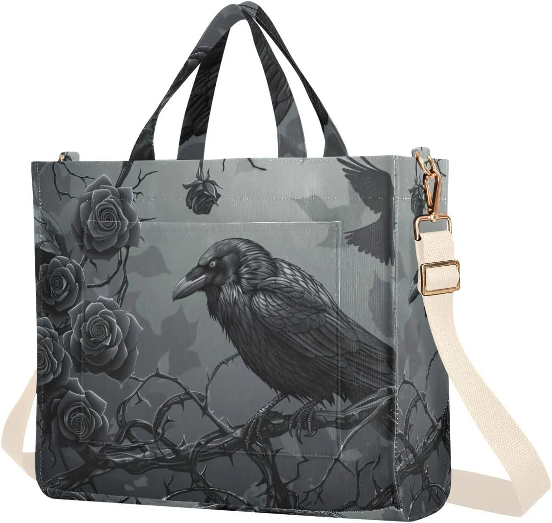 Gothic Raven Skull Tote Bag for Women Corduroy Handbag Purse Shoulder Bag with Detachable Strap Small Size