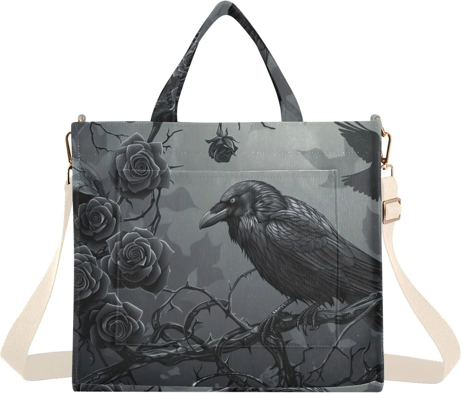 Gothic Raven Skull Tote Bag for Women Corduroy Handbag Purse Shoulder Bag with Detachable Strap Small Size