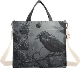 Gothic Raven Skull Tote Bag for Women Corduroy Handbag Purse Shoulder Bag with Detachable Strap Small Size