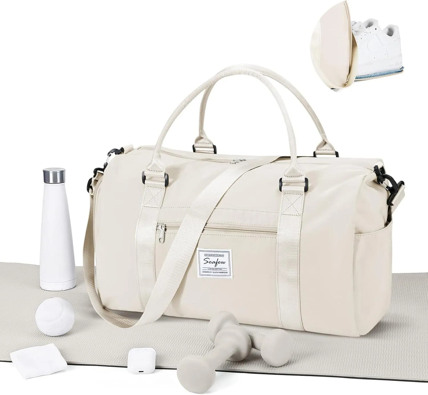 Gym Bag for Women Men with Shoes Compartment and Wet Pocket,Sport Swimming Yoga Bag,Waterproof Travel Duffel Bag Small Carry on Bag Overnight Weekender Bags Personal Item Bag for Airlines Cream White